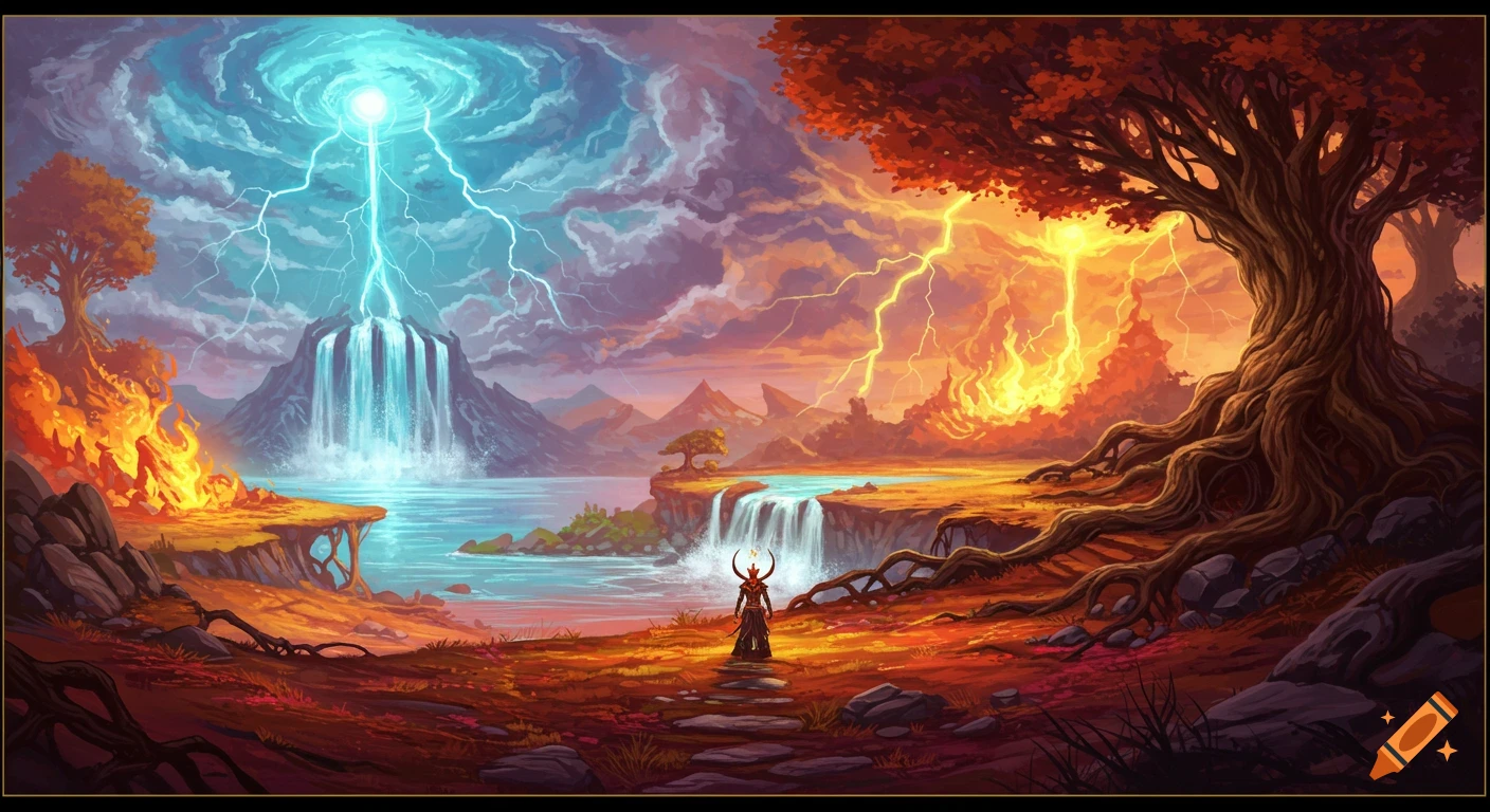 Fantasy landscape with a figure between a storm-lashed waterfall and fiery terrain.