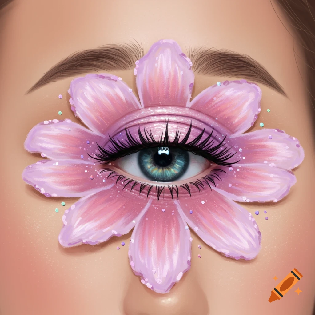Close-up of an eye with pink flower petal-shaped makeup and glitter.