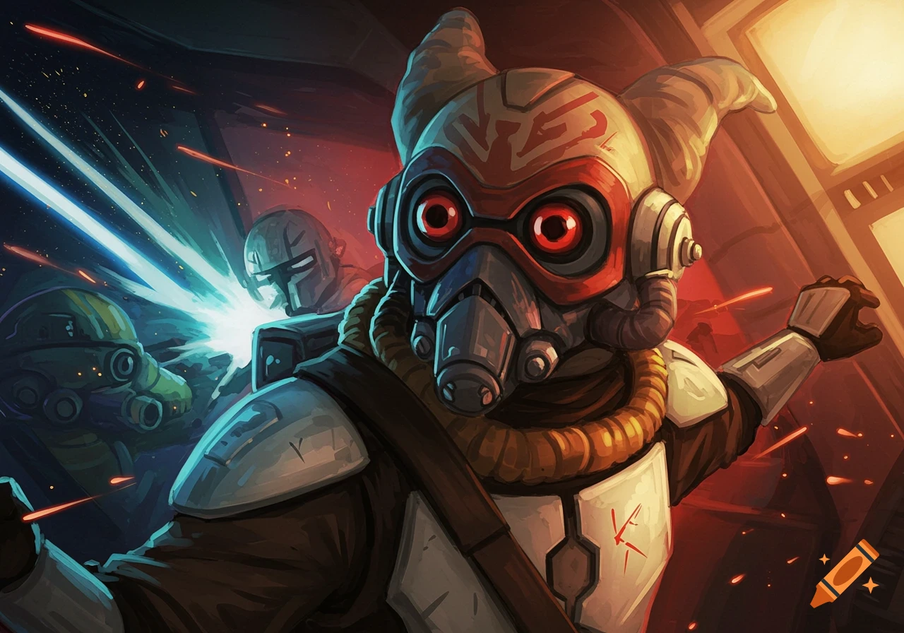 Stylized digital painting of a character in a mask and goggles with red eyes, standing while others fight with blue lightsabers in the background of a spaceship interior.