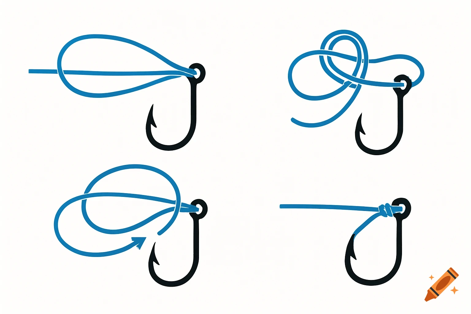 Diagram showing steps for tying a Palomar fishing knot on a hook