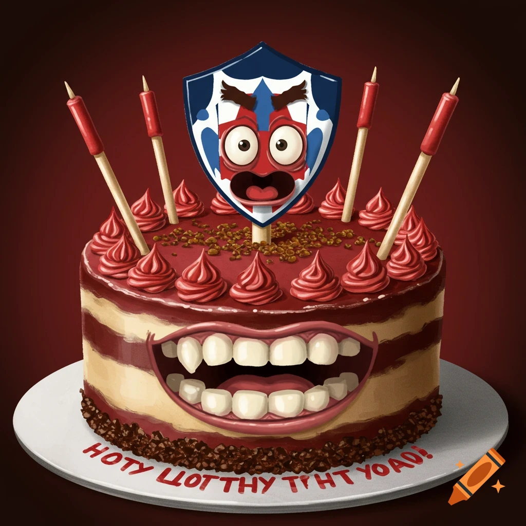 Cartoon cake with teeth, shield face topper, and candles. Text on plate.