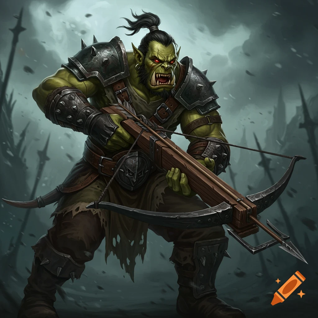 An armored orc with red eyes holds a crossbow in a dark, stylized fantasy scene.