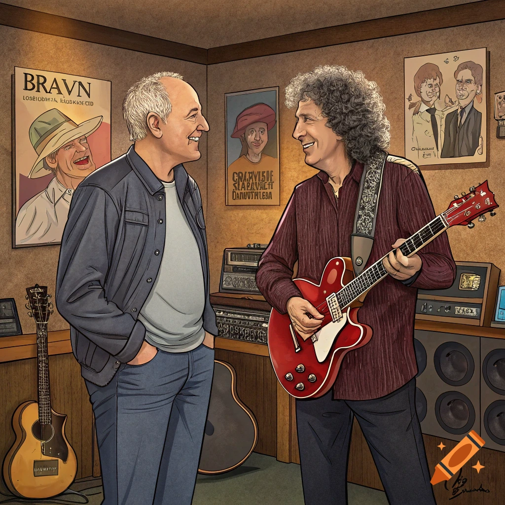 Cartoon illustration of two musicians with guitars in a recording studio.