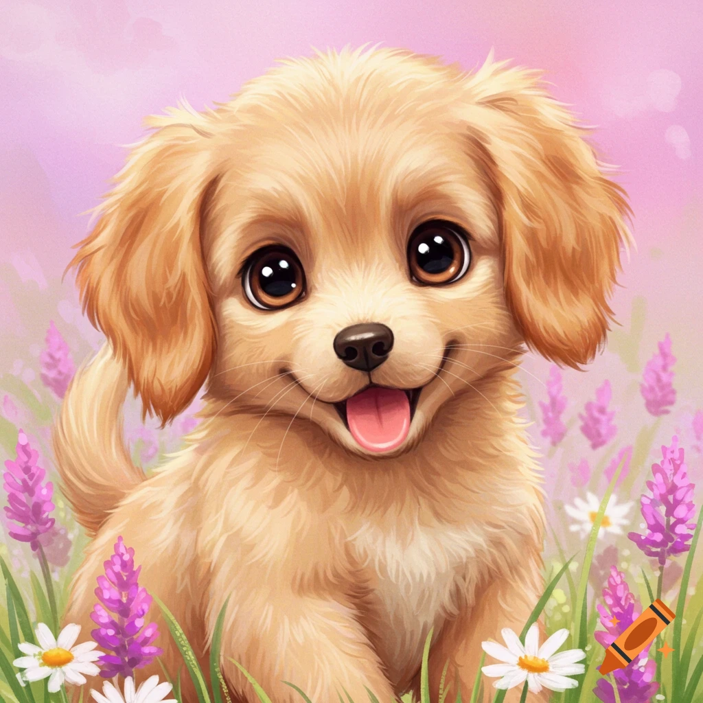A cute, fluffy puppy with big eyes and a smile sits in a field of purple and white flowers. Illustration style.