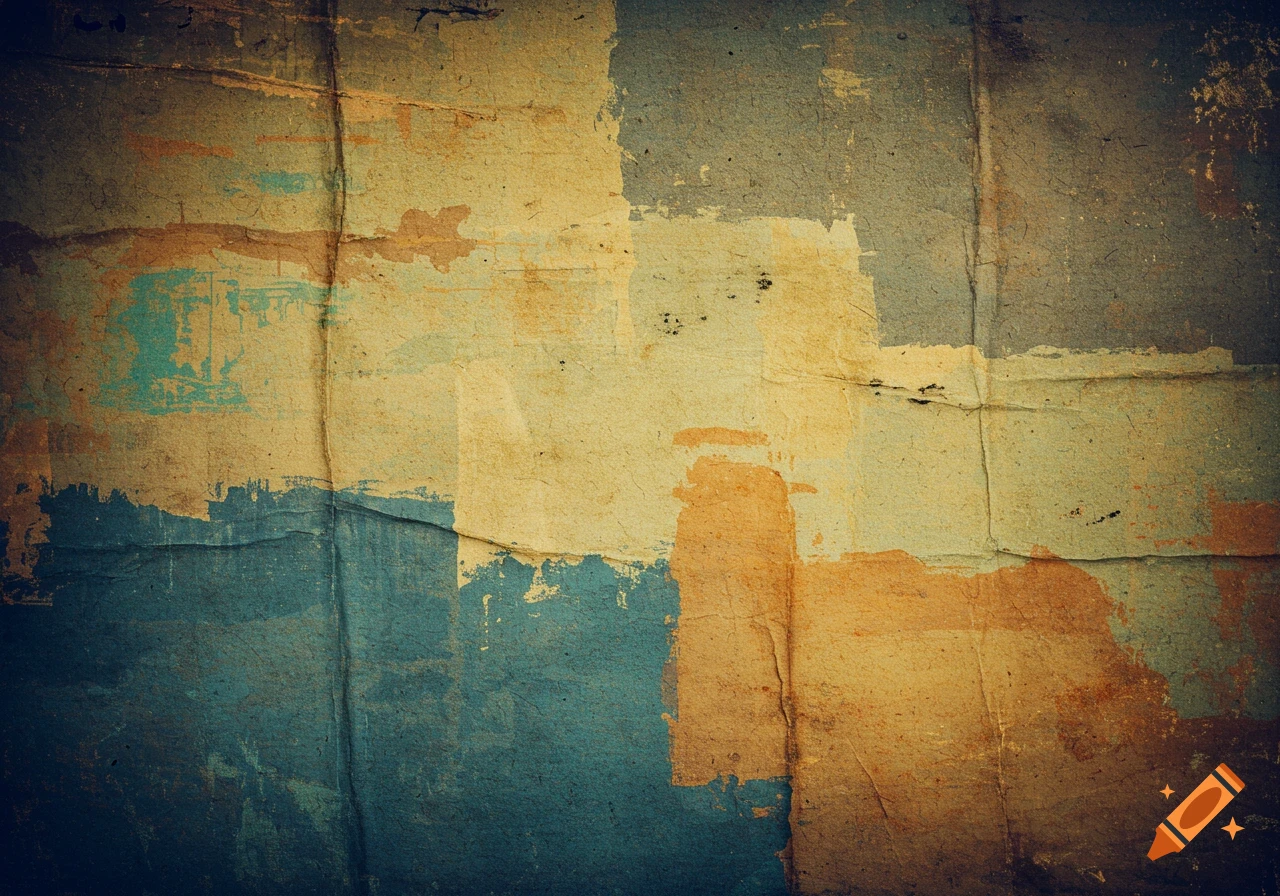 Weathered paper texture with blue, yellow, and grey abstract paint.