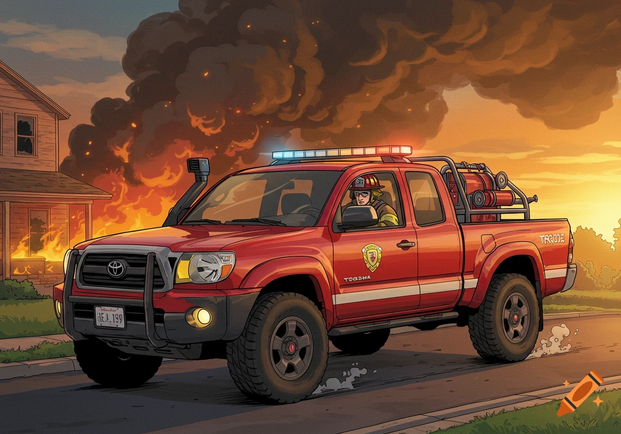 Illustration of a firefighter driving a red pickup truck towards a burning house under a smoky sky.