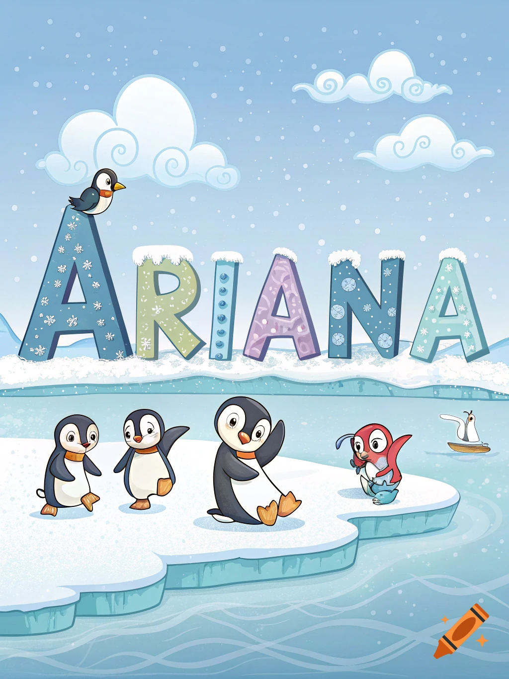 Cartoon illustration of penguins playing on ice with the name Ariana in large letters.