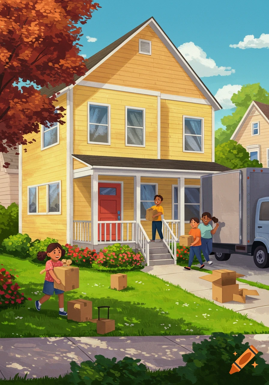 Illustration of a family moving into a new house with boxes and a moving truck.