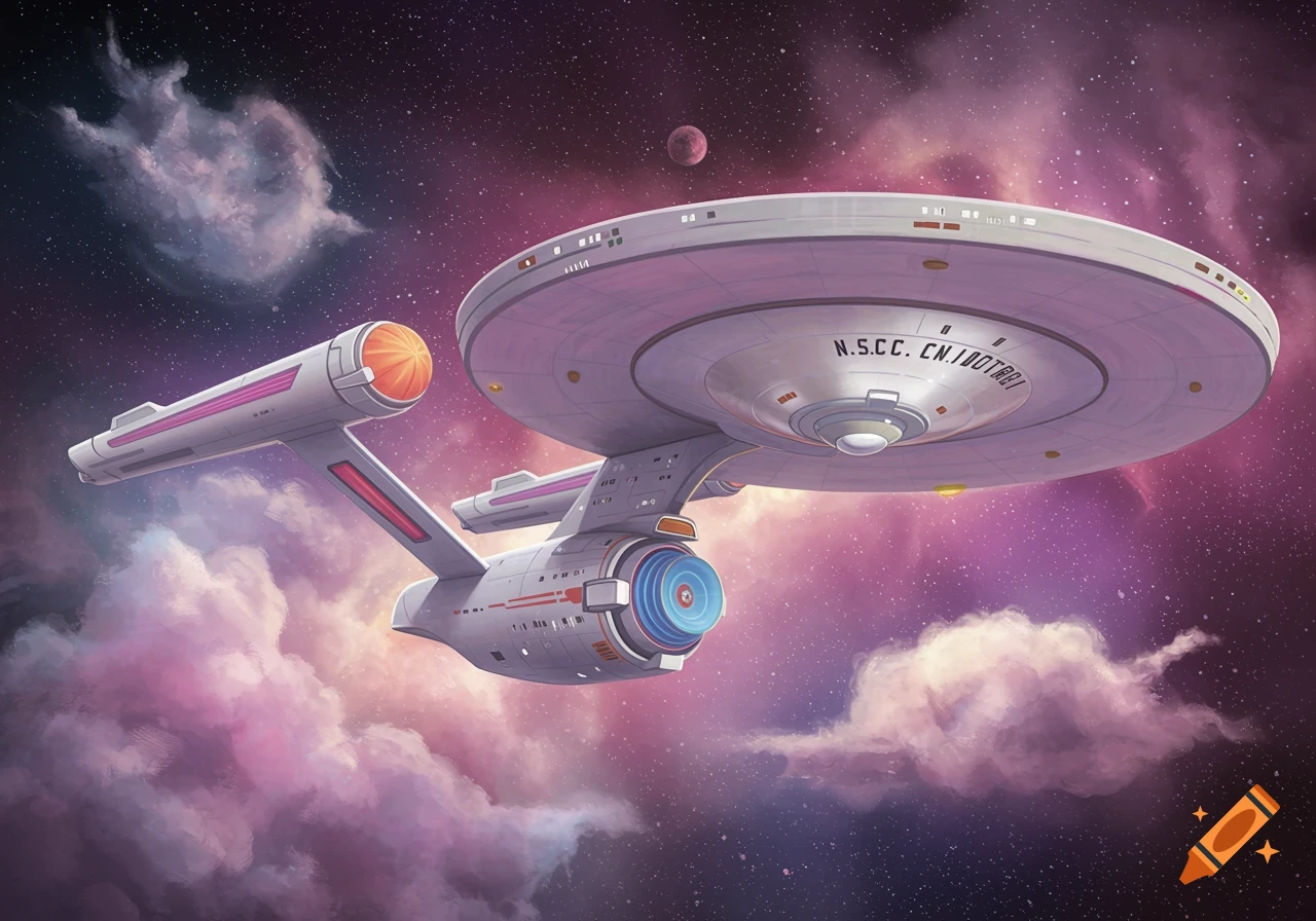 A Star Trek Enterprise-style ship flies through colorful space clouds in a cartoon art style.