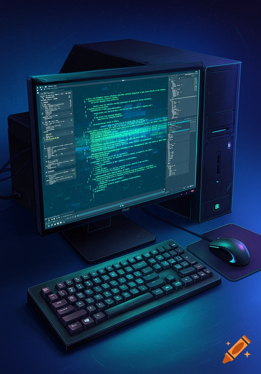 Close-up of a computer setup with code on the monitor, keyboard, and mouse.
