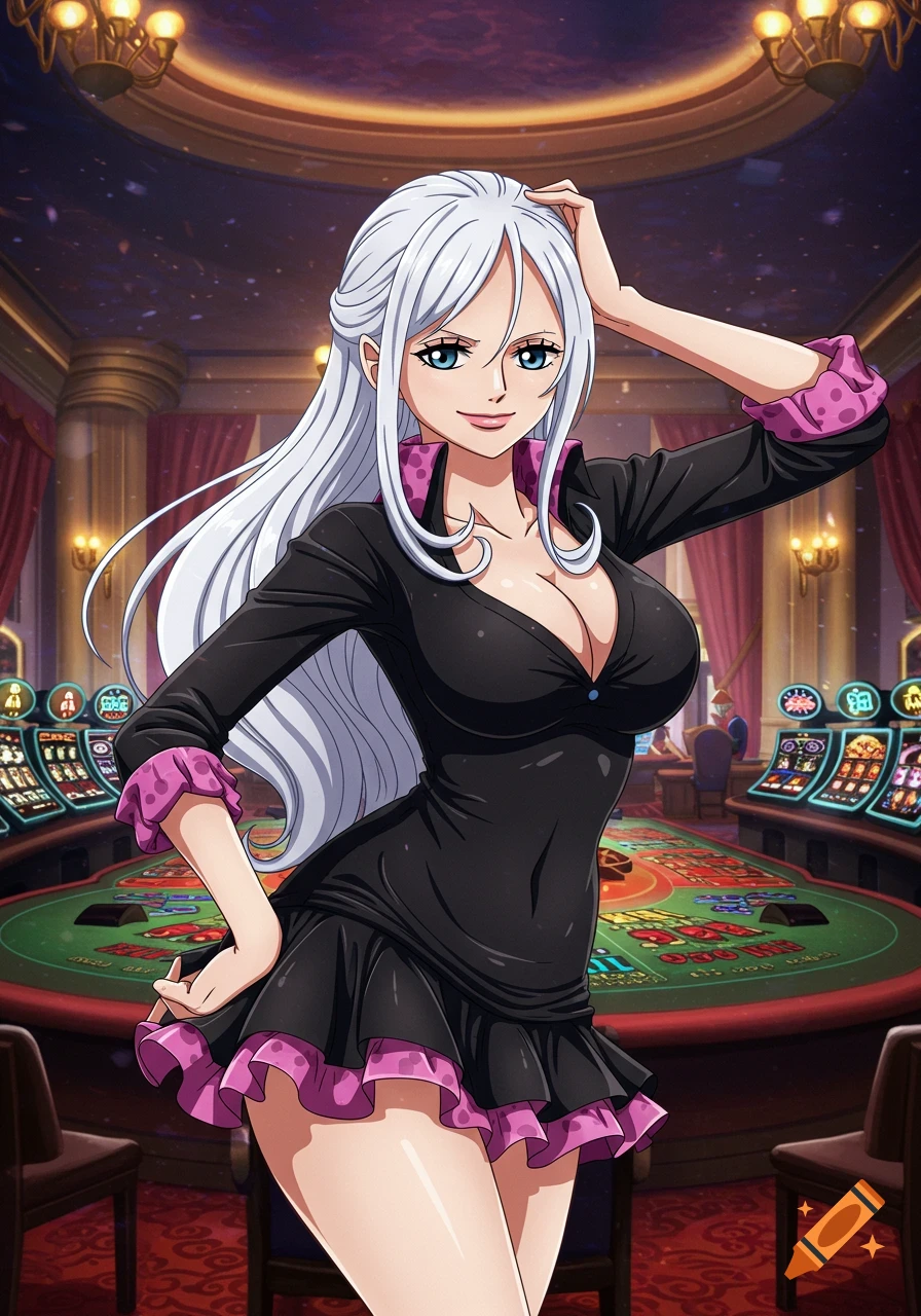 Anime woman with long white hair and blue eyes in a black and pink dress stands in a casino