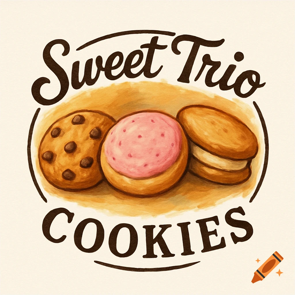 Painted logo featuring three different cookies and the text Sweet Trio Cookies.