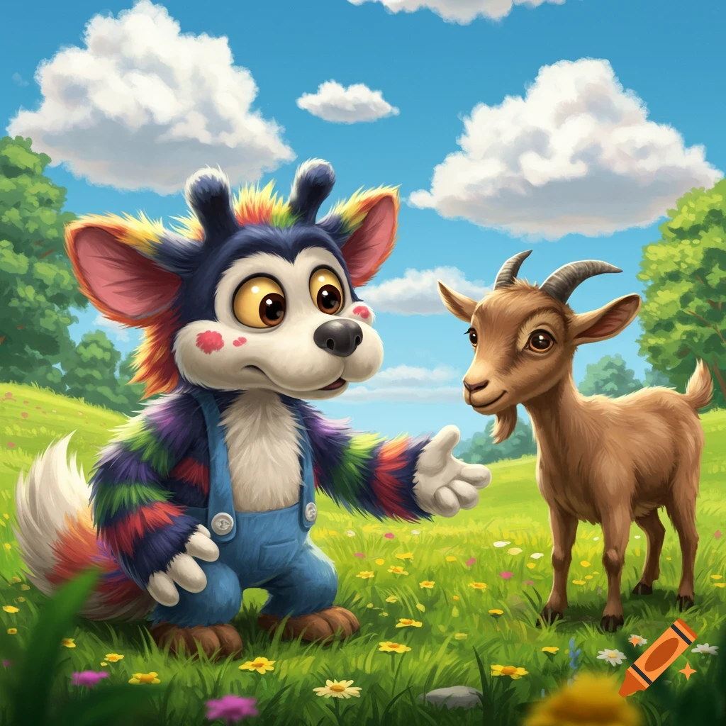A colorful furry cartoon character talks to a goat in a grassy field under a blue sky.