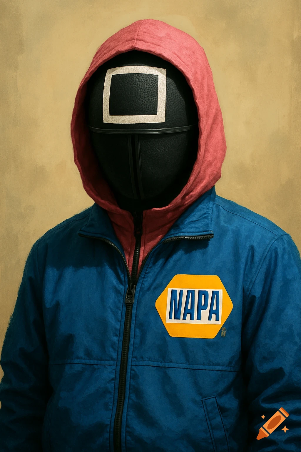A masked Squid Game character in a red hoodie and blue NAPA jacket.