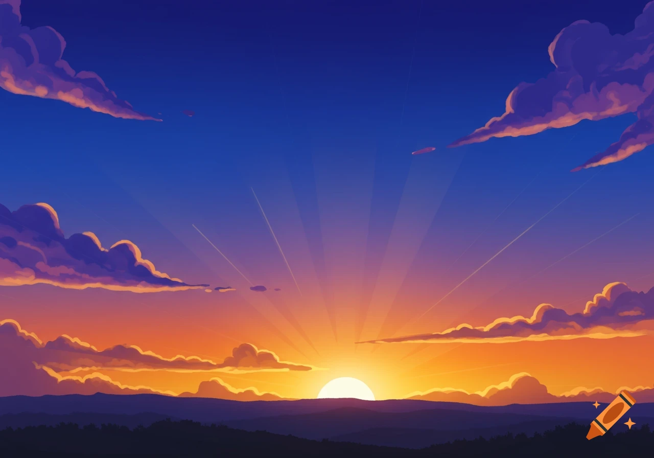 Animated illustration of a vibrant sunrise over mountains with dramatic clouds and sun rays.