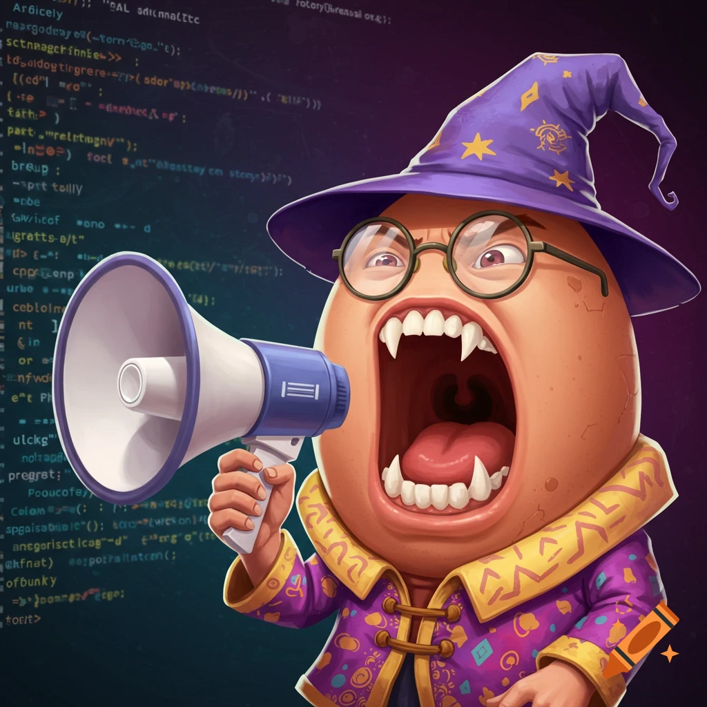 Cartoon egg character wearing a wizard hat and robe is screaming into a megaphone against a background of code.