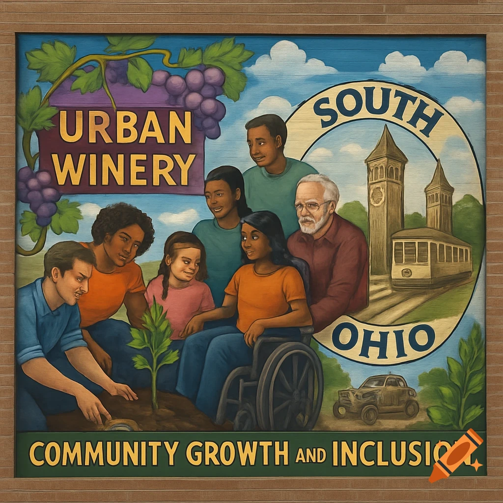 Mural showing diverse people planting a tree, with text 'Urban Winery, South Ohio, Community Growth and Inclusion', streetcar, and old car.