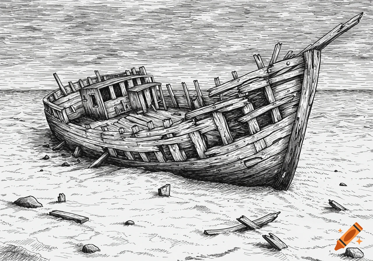 Pen and ink drawing of a shipwreck on a beach using linework and hatching for shadows.