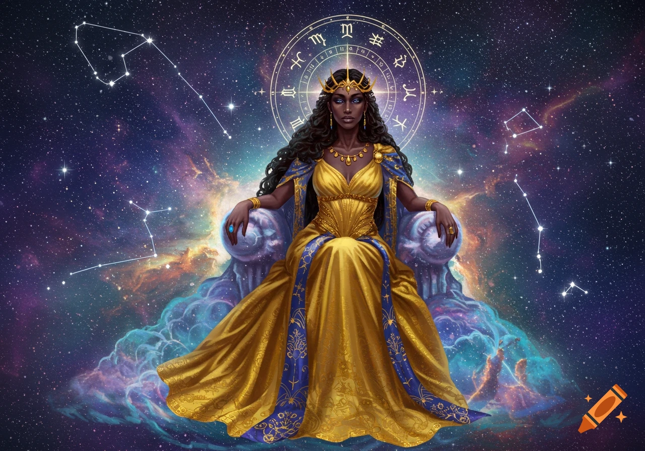 A queen in a golden dress sits on a throne in space with constellations and zodiac symbols.