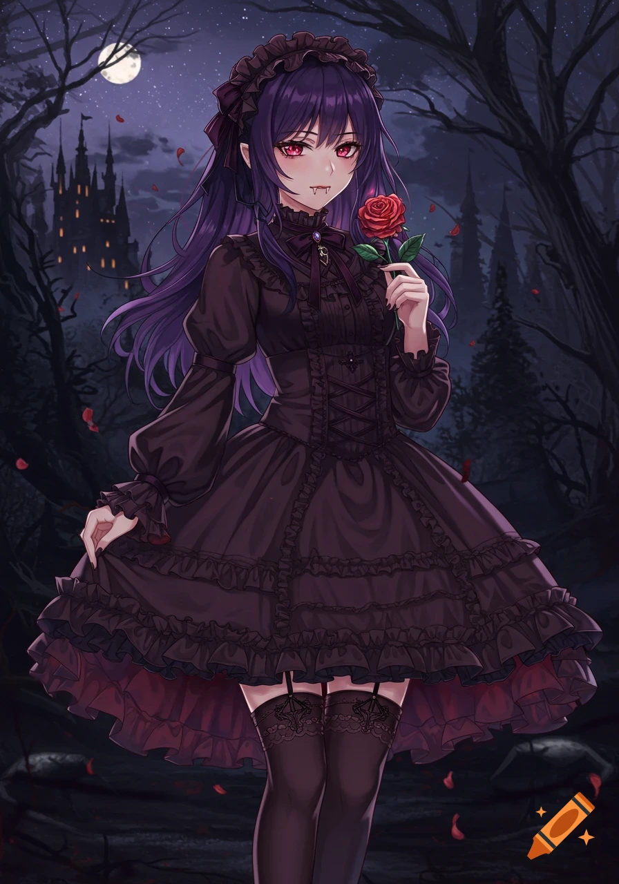 Anime vampire girl in gothic dress holds a red rose in a dark forest near a castle