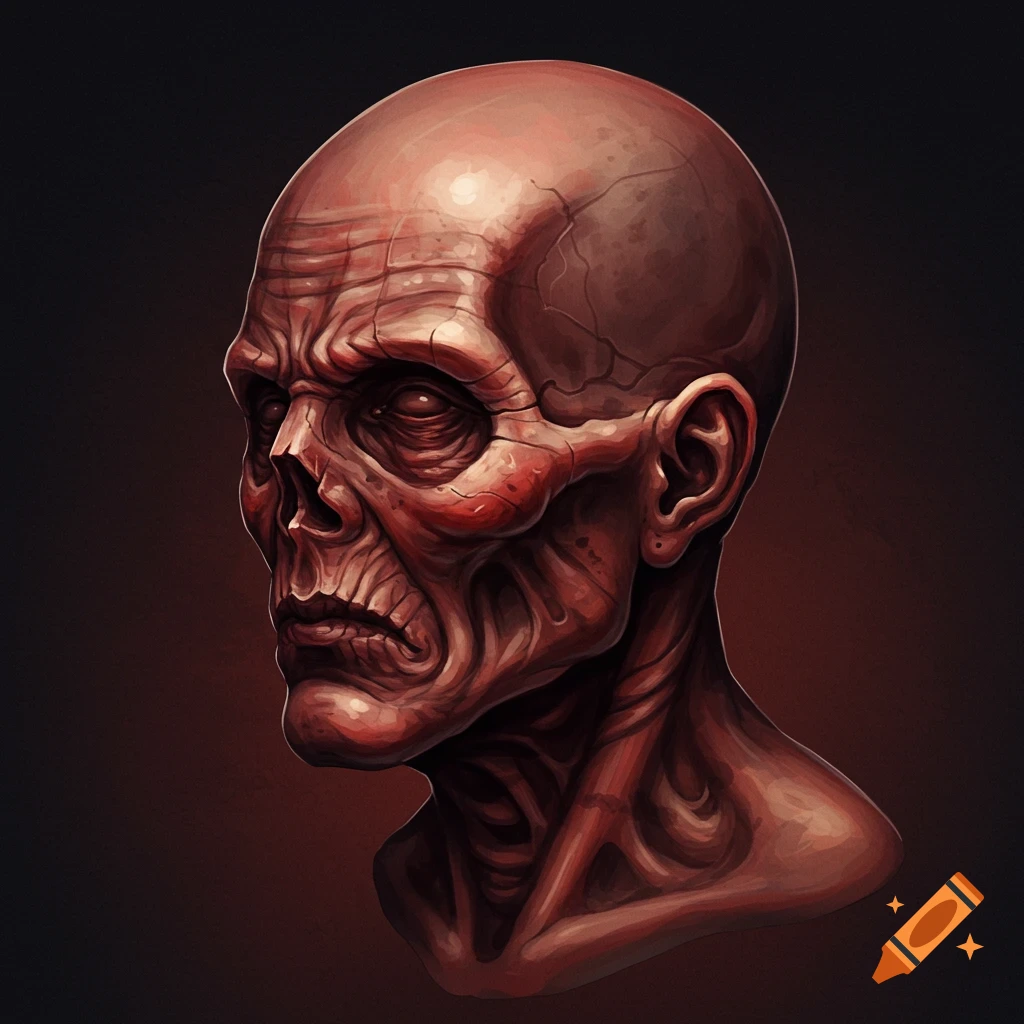 Stylized illustration of a bald shrunken undead head