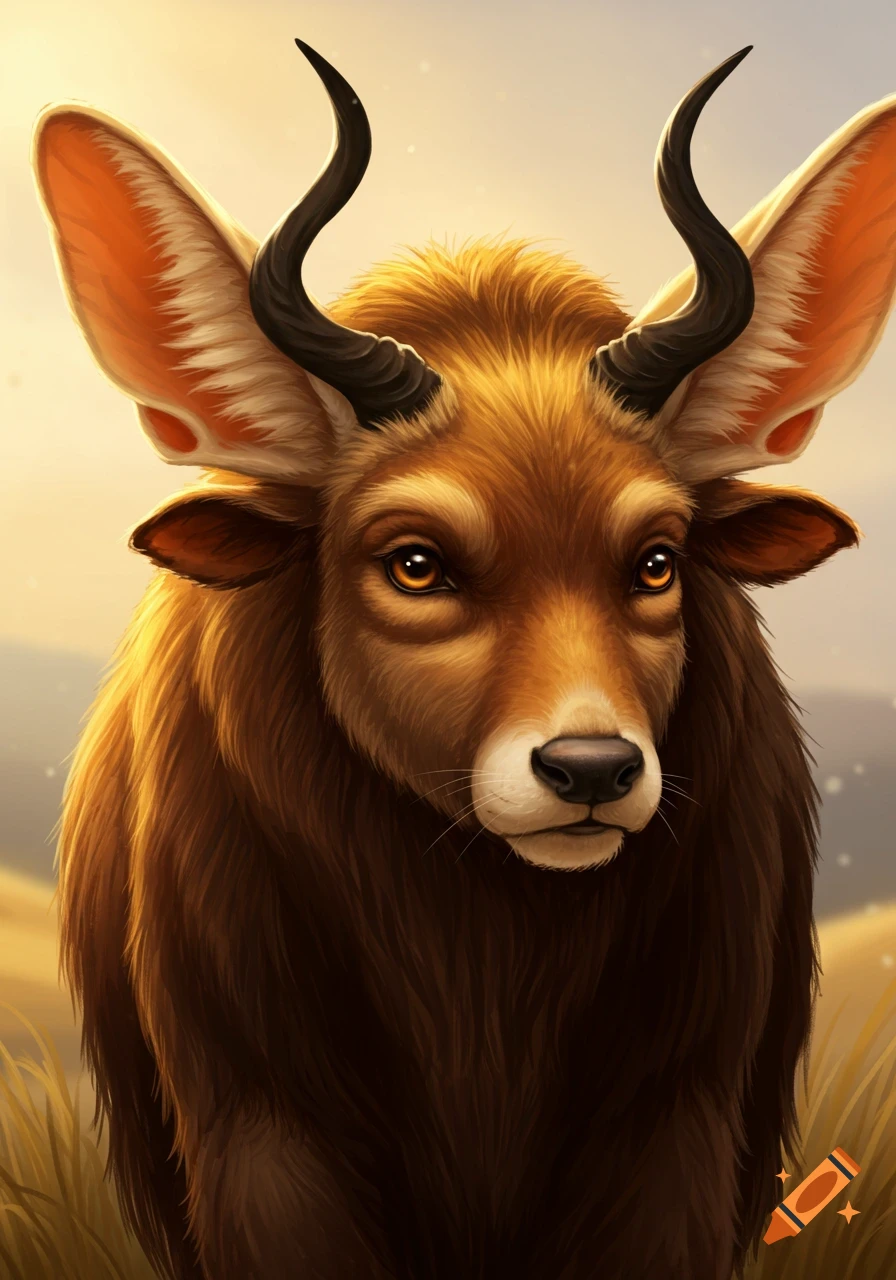 Close-up of an ox-fennec fox fusion creature with large ears and horns in a digital painting style.