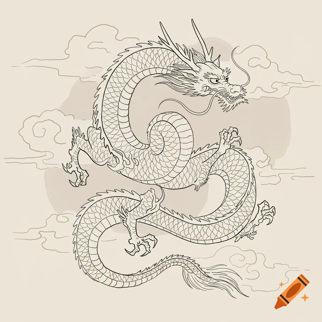 A simple line sketch of a traditional Japanese dragon amidst clouds on a beige background.