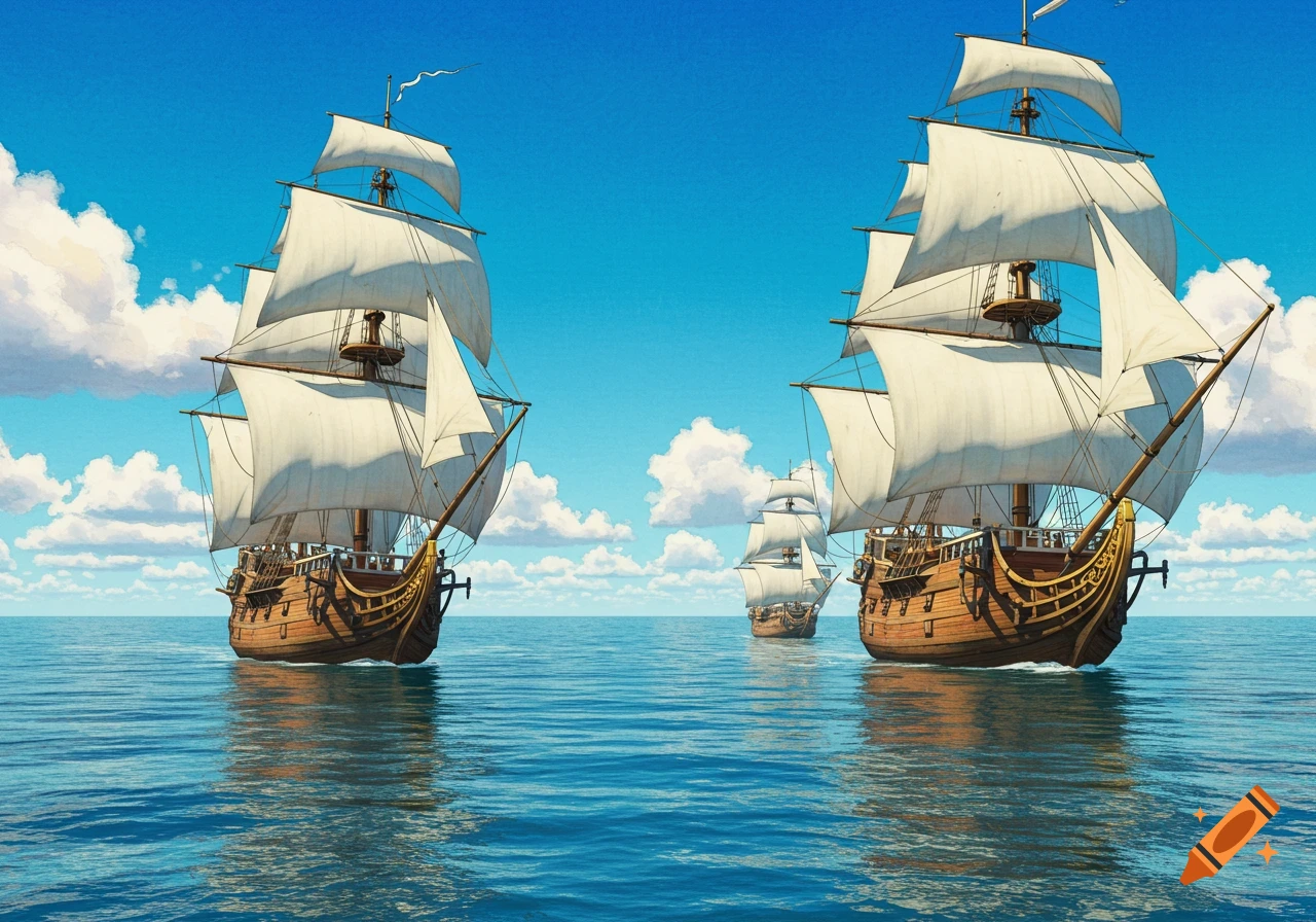Three sailing ships on the ocean under a blue sky with clouds.