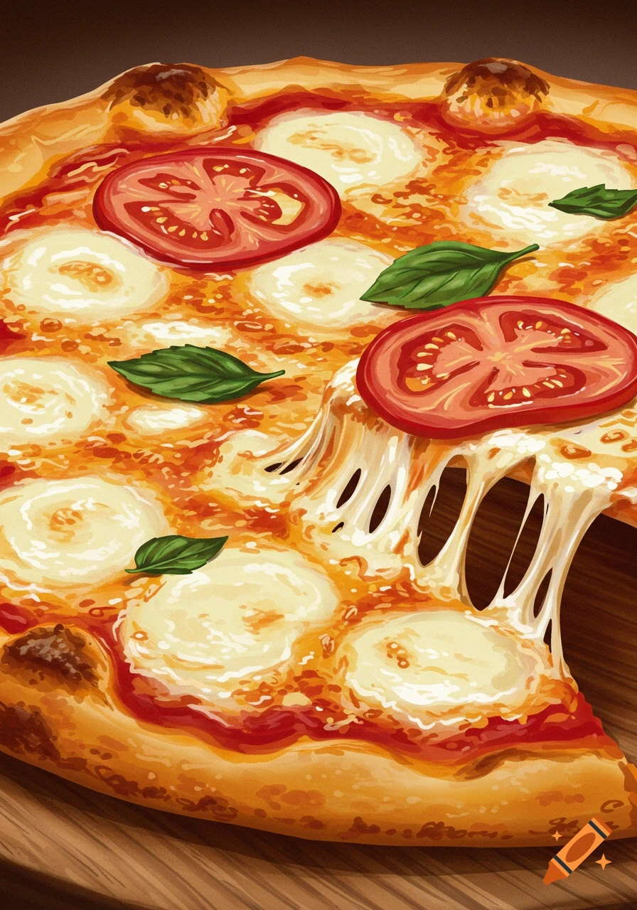 Close-up illustration of a pizza slice being pulled, showing melted cheese, tomato slices, and basil leaves.