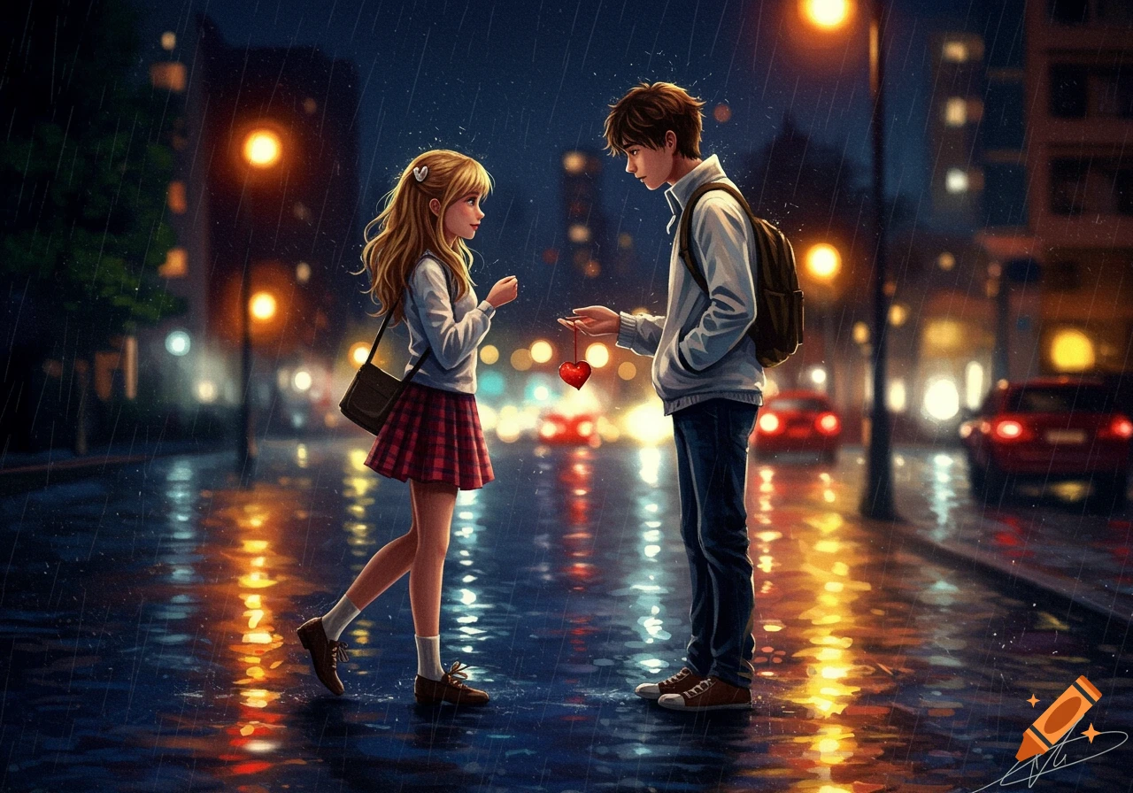 An anime illustration of a boy and girl exchanging a red heart on a rainy city street at night.