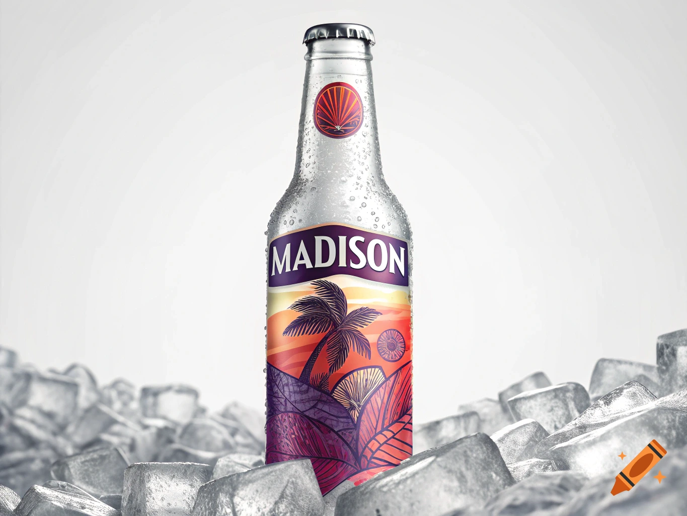 A bottle of Madison beer on ice.