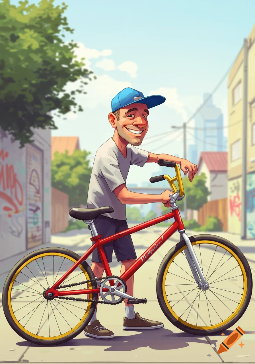 Cartoon illustration of a man with a red bike with yellow wheels, wearing a blue cap, standing in a street.