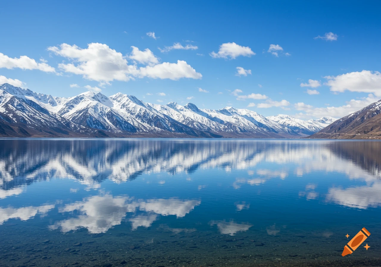 A clear lake reflects snow-capped mountains and a blue sky with clouds.