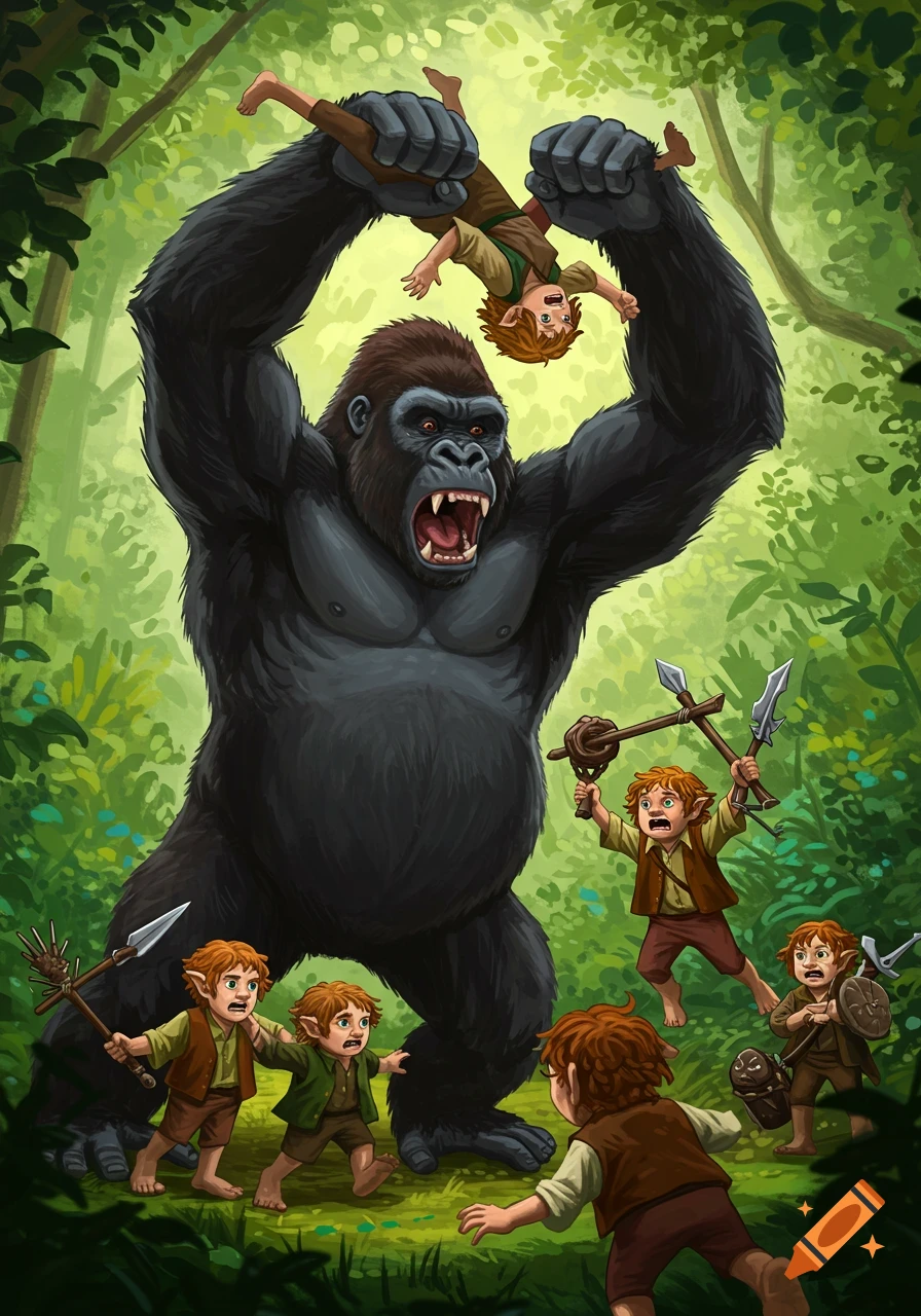 Illustration of a large gorilla holding a small hobbit by the legs, while other hobbits fight it with spears in a jungle.