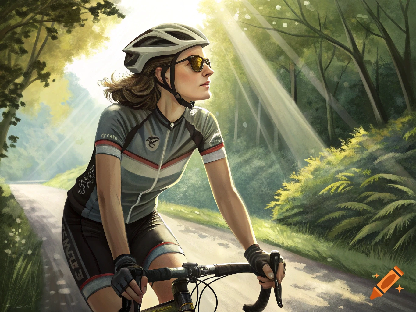 Woman bikes on a road through a sunlit forest, illustration.