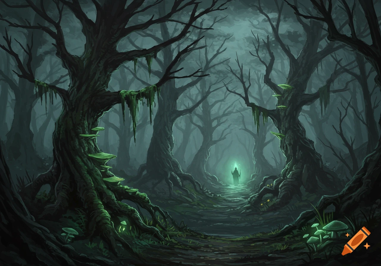 A spooky fantasy forest path at night with glowing mushrooms and gnarled trees, leading to a figure in the distance.