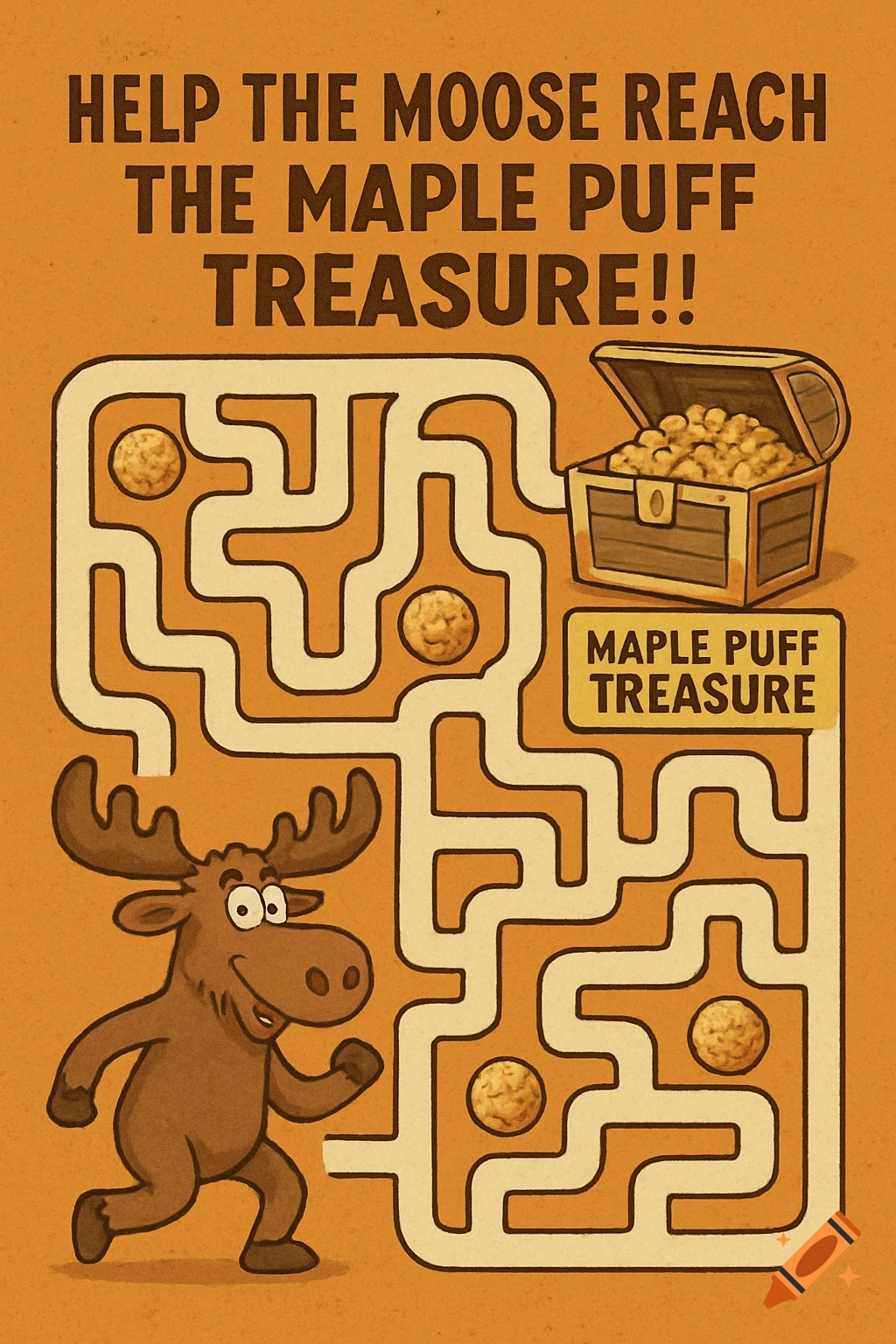 Cartoon moose running through a maze towards a treasure chest of cereal.