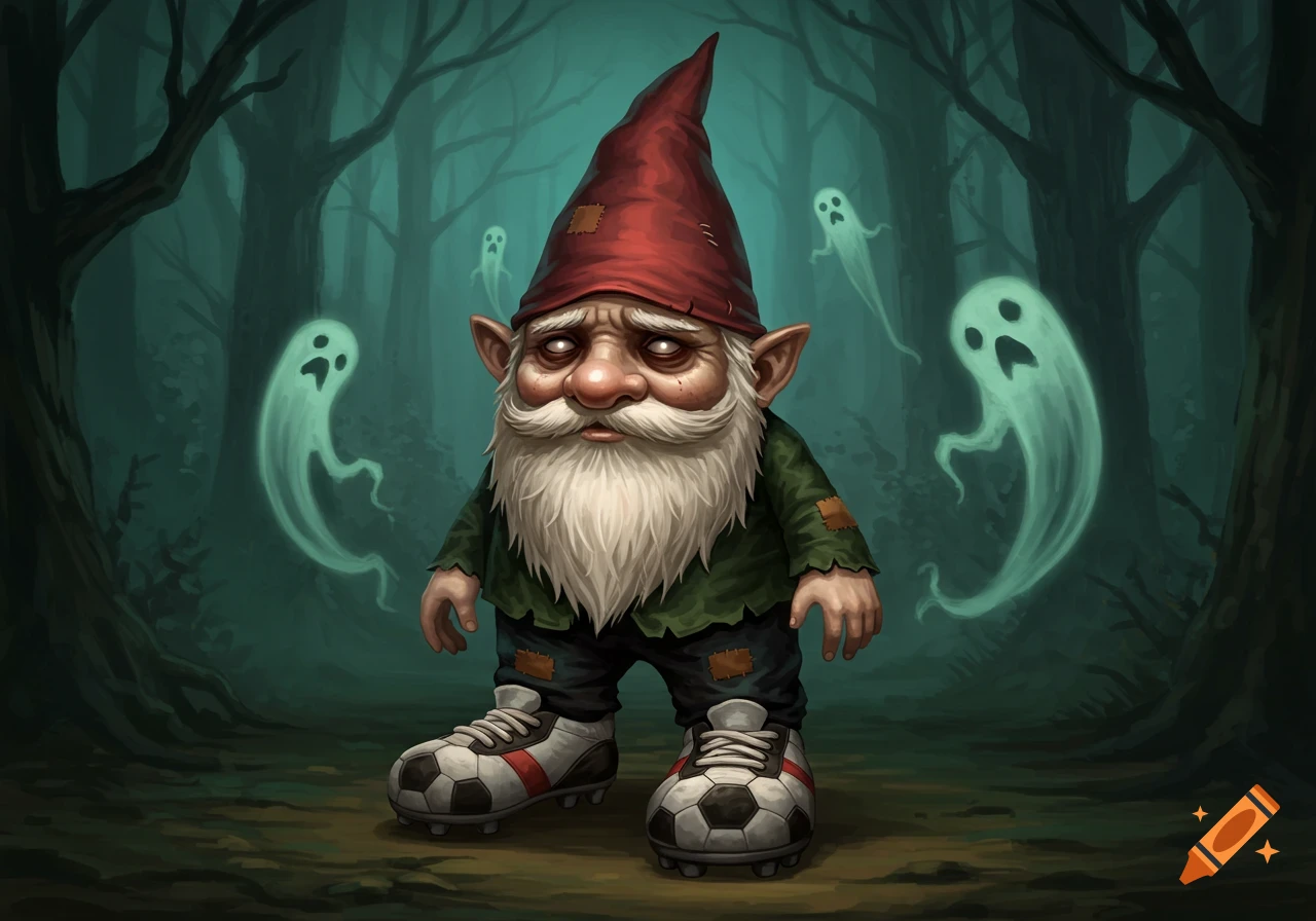 An illustration of a haunted gnome wearing soccer boots standing in a dark forest with ghosts floating around him.
