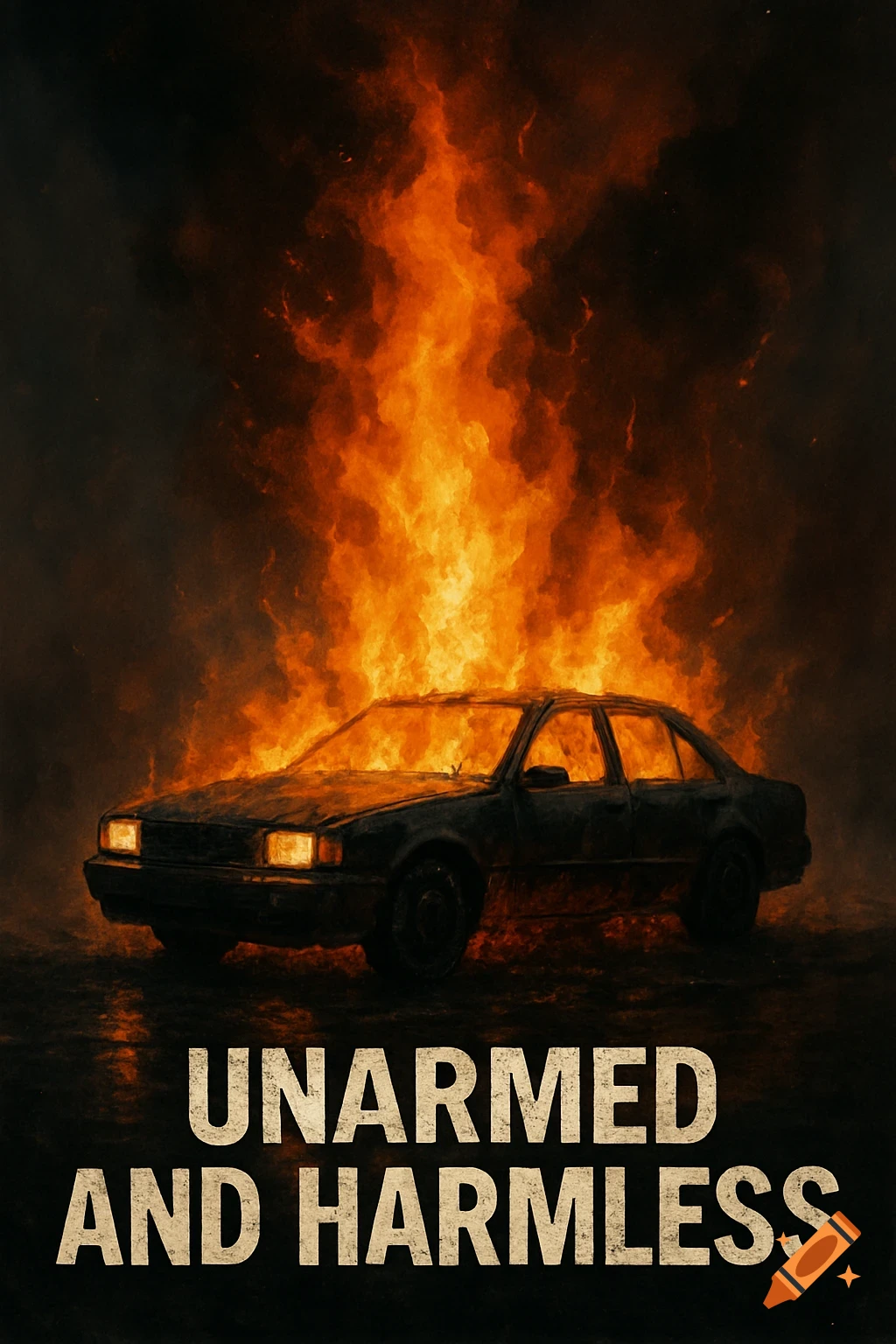 A dark image of a car engulfed in flames. The words UNARMED AND HARMLESS are at the bottom.