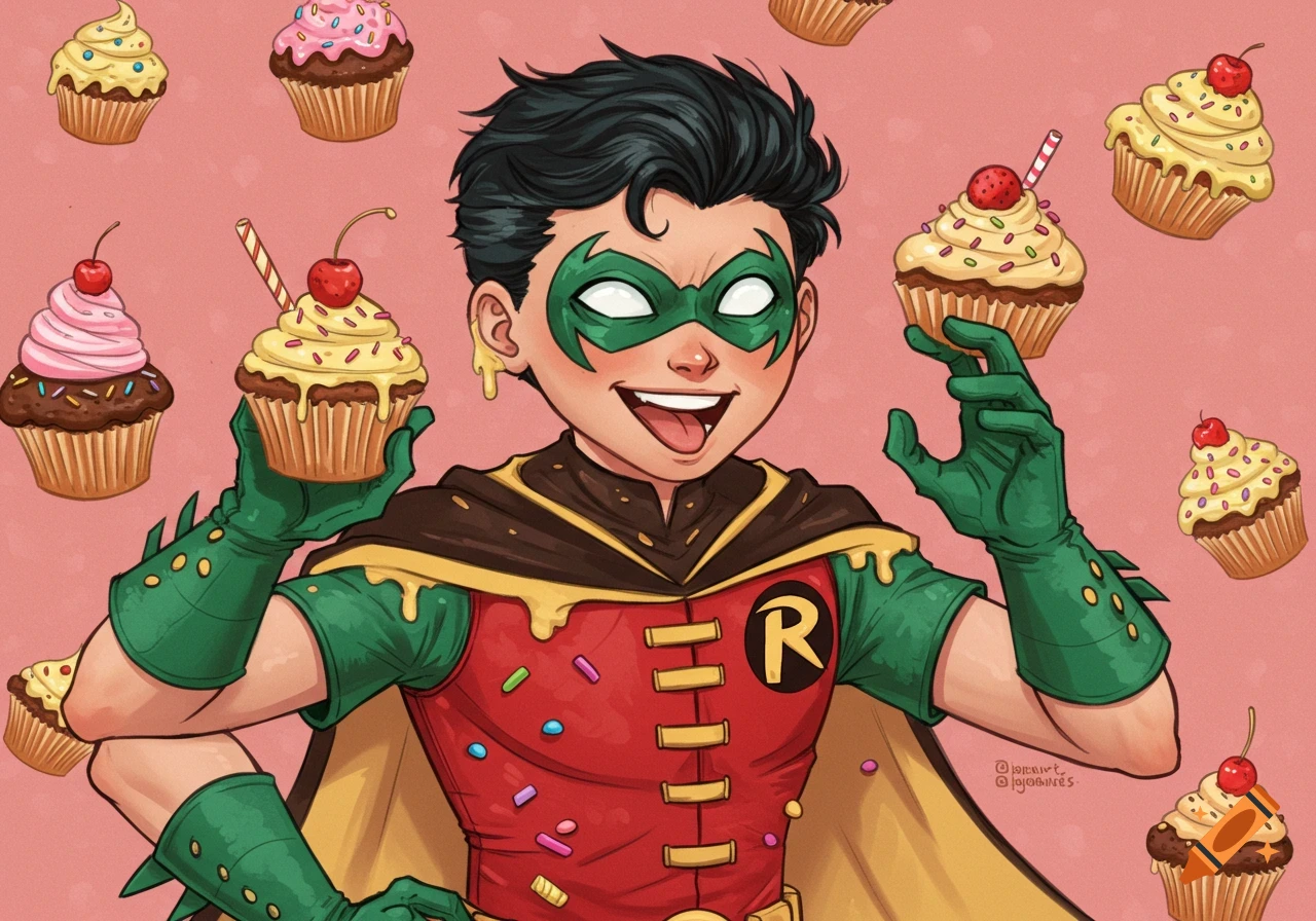 Robin holding cupcakes surrounded by more cupcakes, illustration.