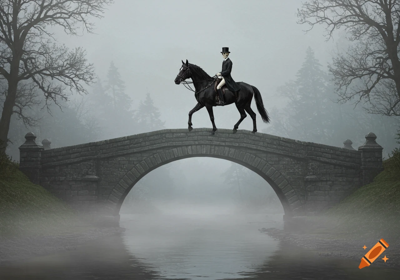 A skeleton in Edwardian clothes rides a black horse across a foggy stone bridge.