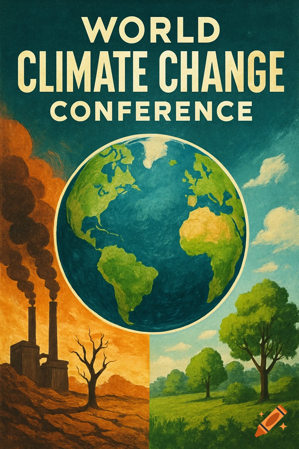 Vintage-style poster for World Climate Change Conference split between polluted land with factories & green landscape with trees.