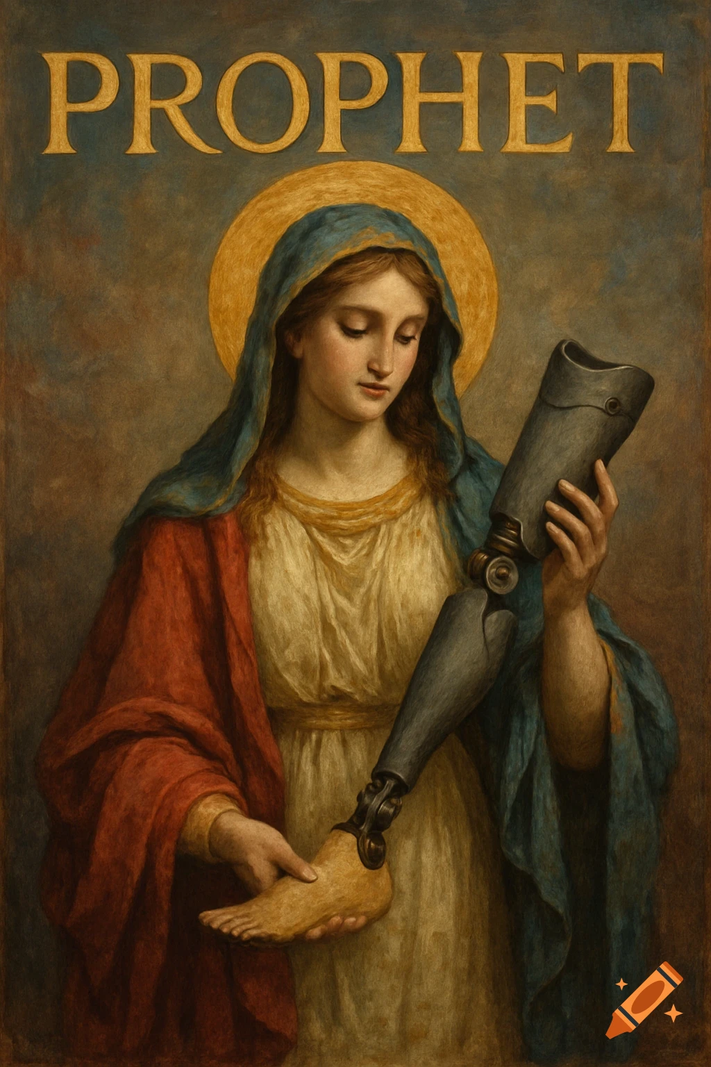 Painting of a robed figure with a halo holding a prosthetic leg. The word PROPHET is above.