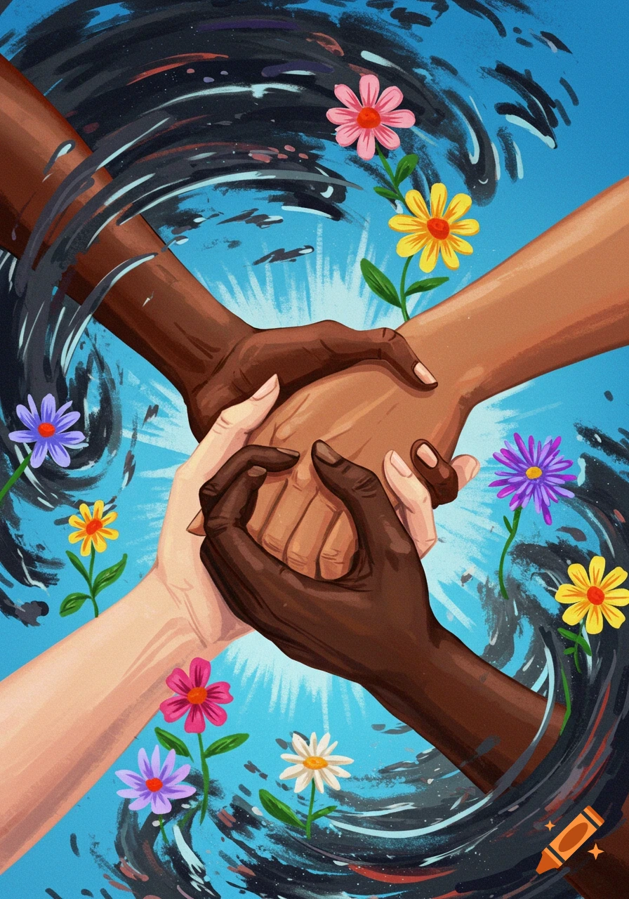 Illustration of four hands of different skin tones clasping together, surrounded by flowers and dark shapes against a blue sky.