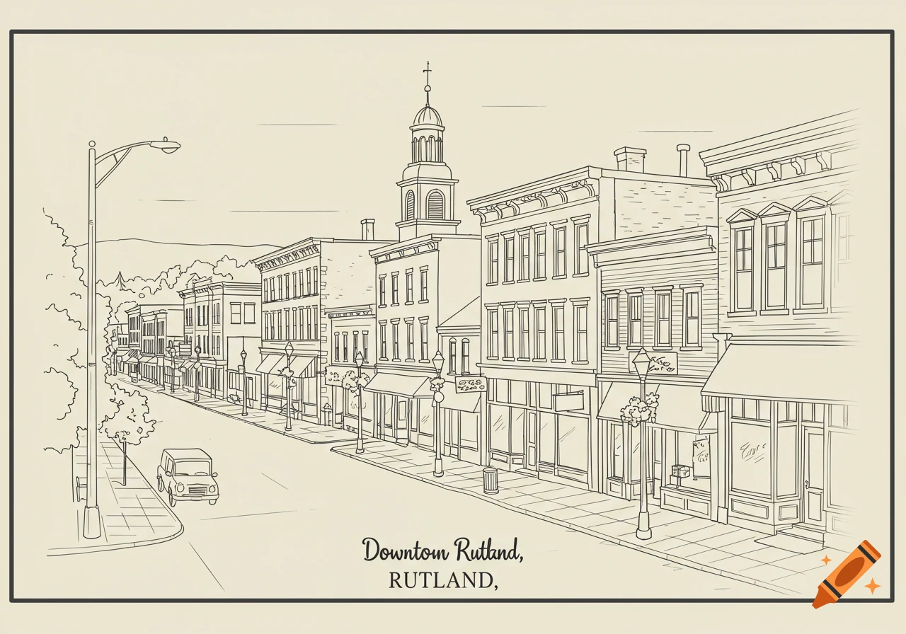 Line drawing of a downtown street scene with buildings, a car, and trees, labeled 'Downtown Rutland'.