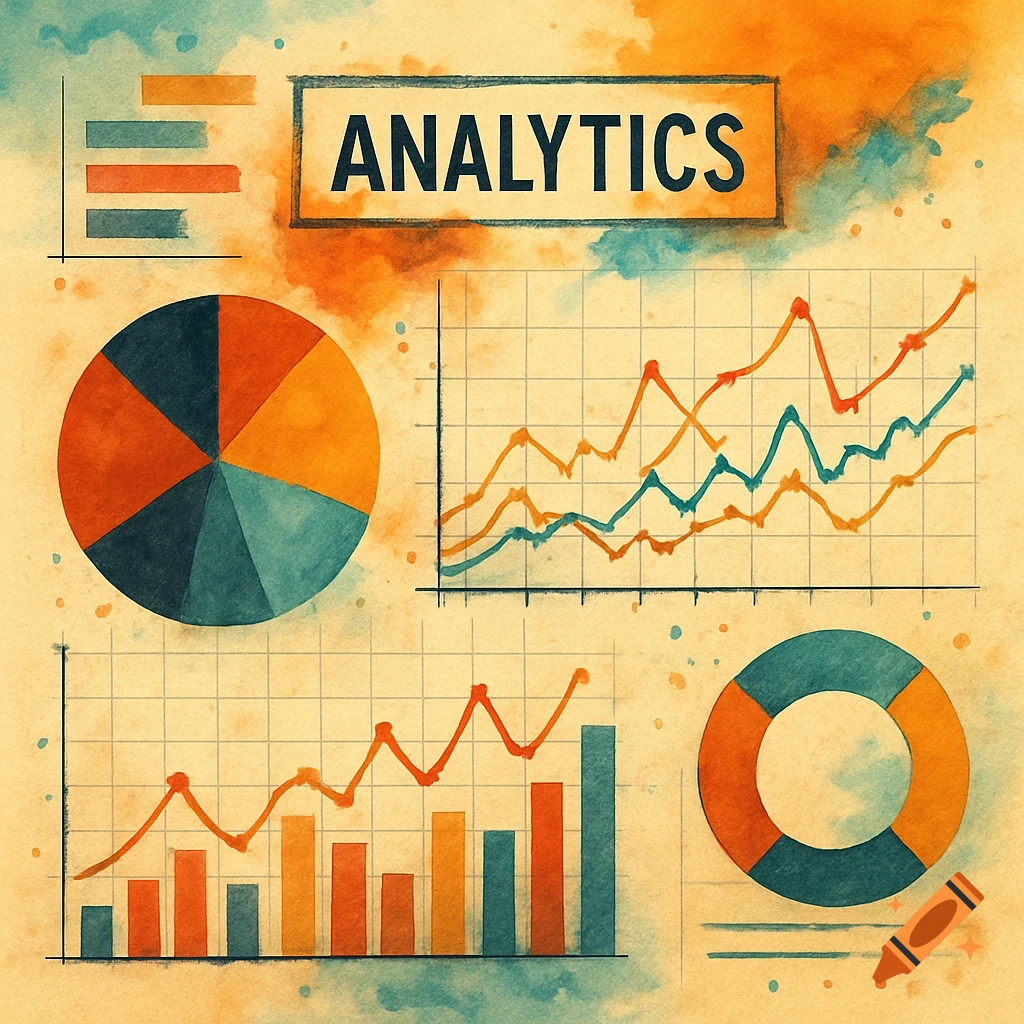 Watercolor illustration featuring various charts and graphs, including a pie chart, line graphs, and a bar chart, with a banner labeled 'ANALYTICS'.
