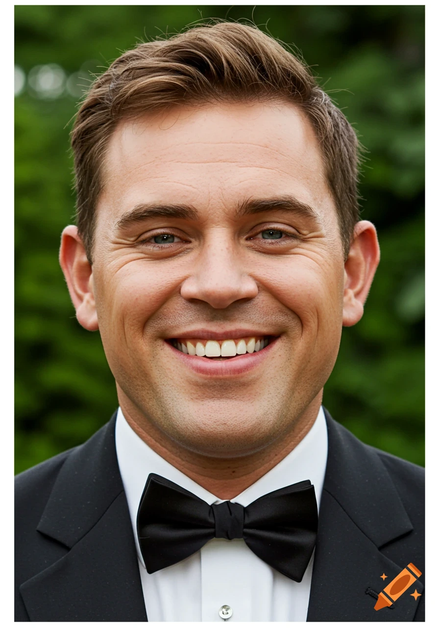 Close-up portrait of a man in a black tuxedo and bowtie smiling