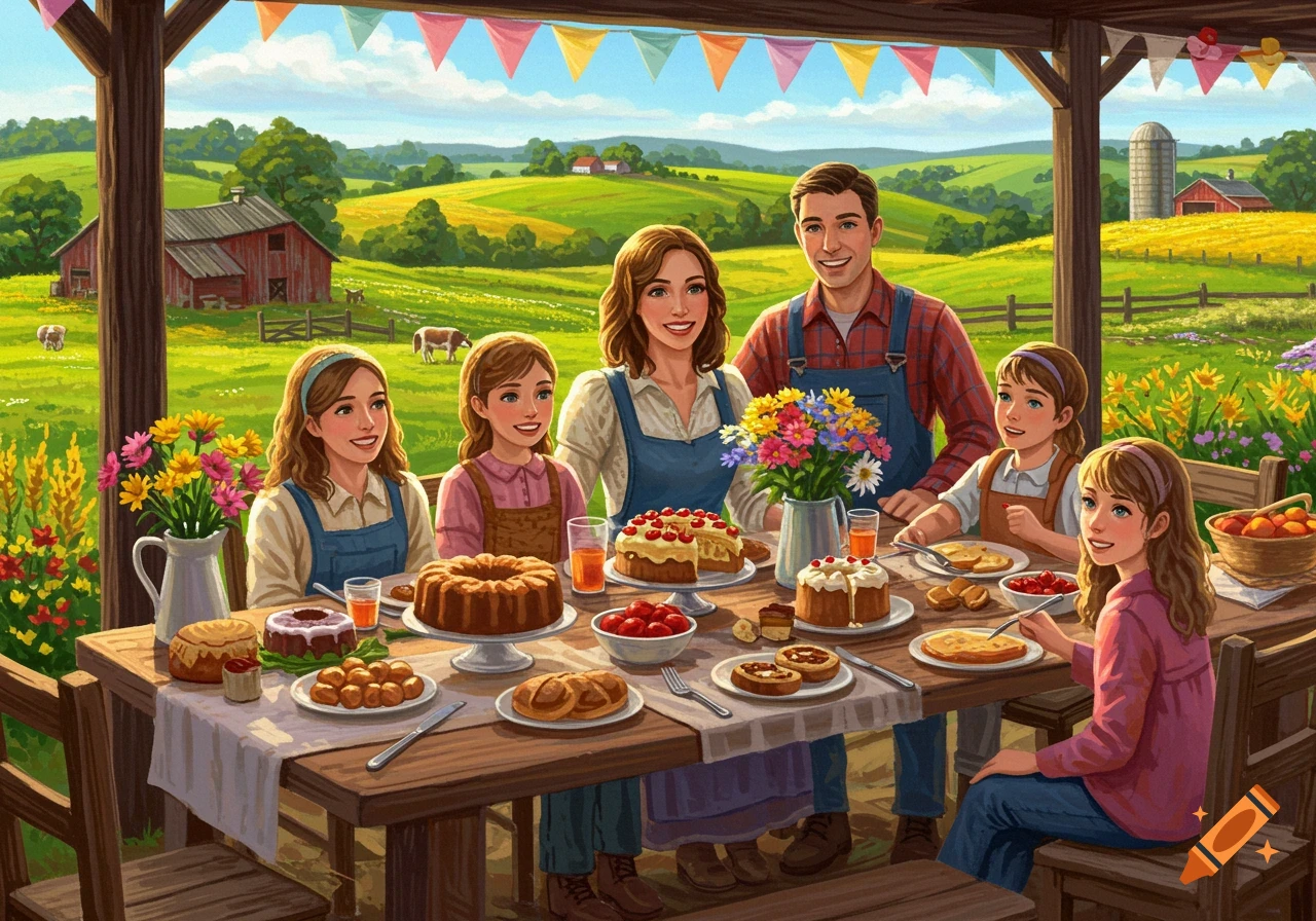 A family enjoys a meal outdoors on a farm with rolling green hills in the background.