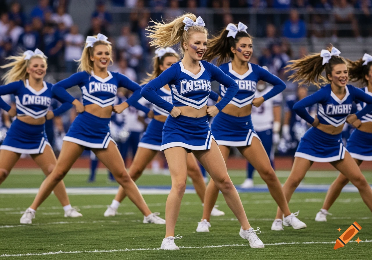 Group of cheerleaders performing in blue uniforms on a sports field