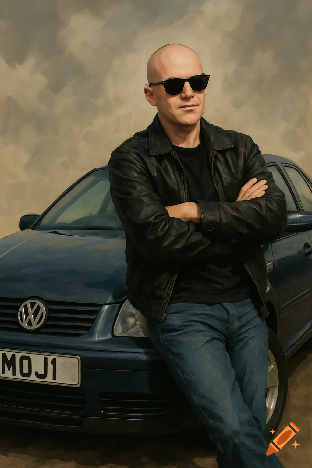 A bald man in sunglasses and a leather jacket leans against a dark blue car.